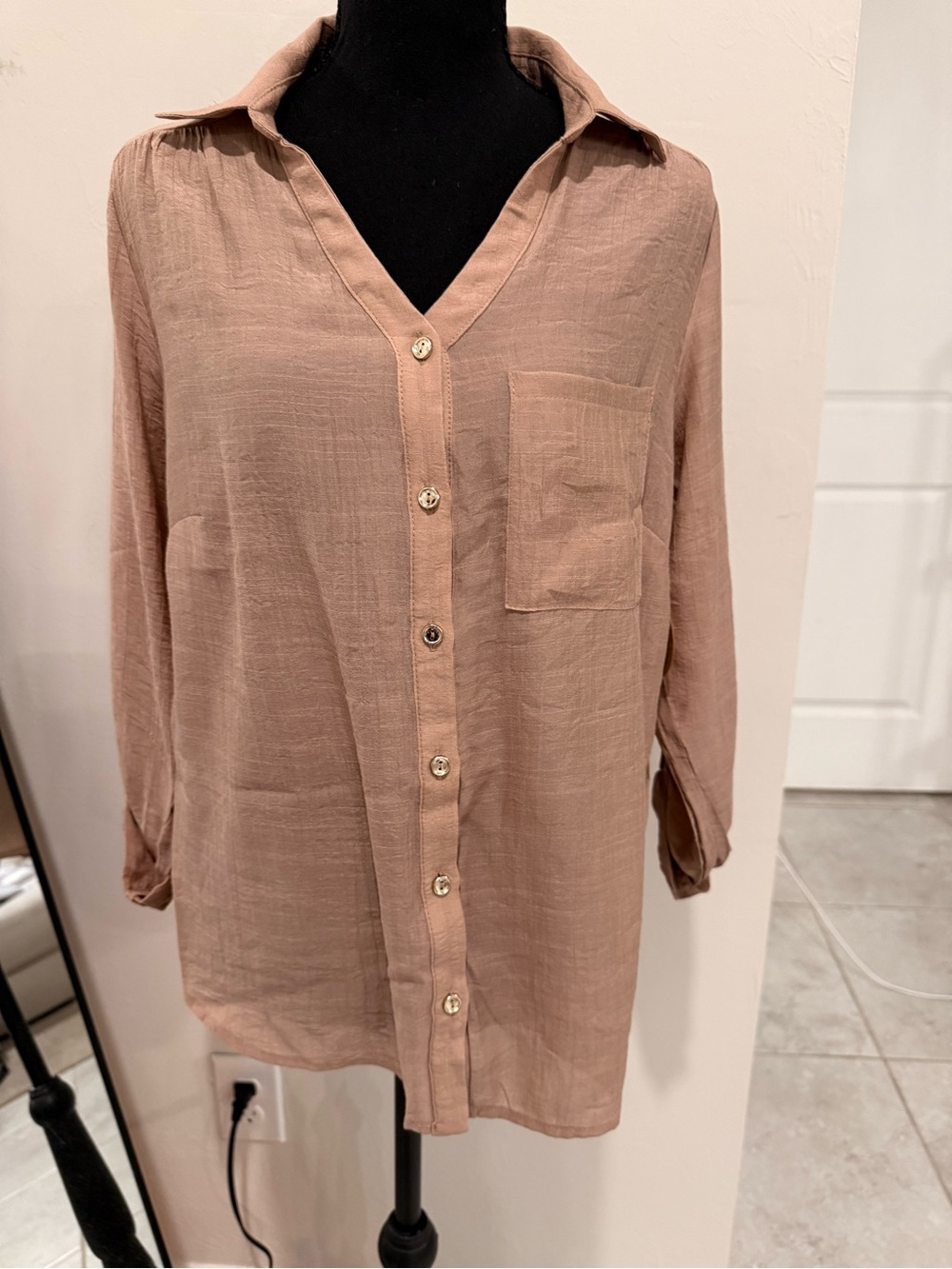 Women's Light Brown Button-Down V-Neck Shirt with Pocket